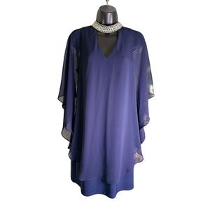 XSCAPE Womens Blue Embellished Chiffon Overlay Kimono Sleeve Party Dress Size 8